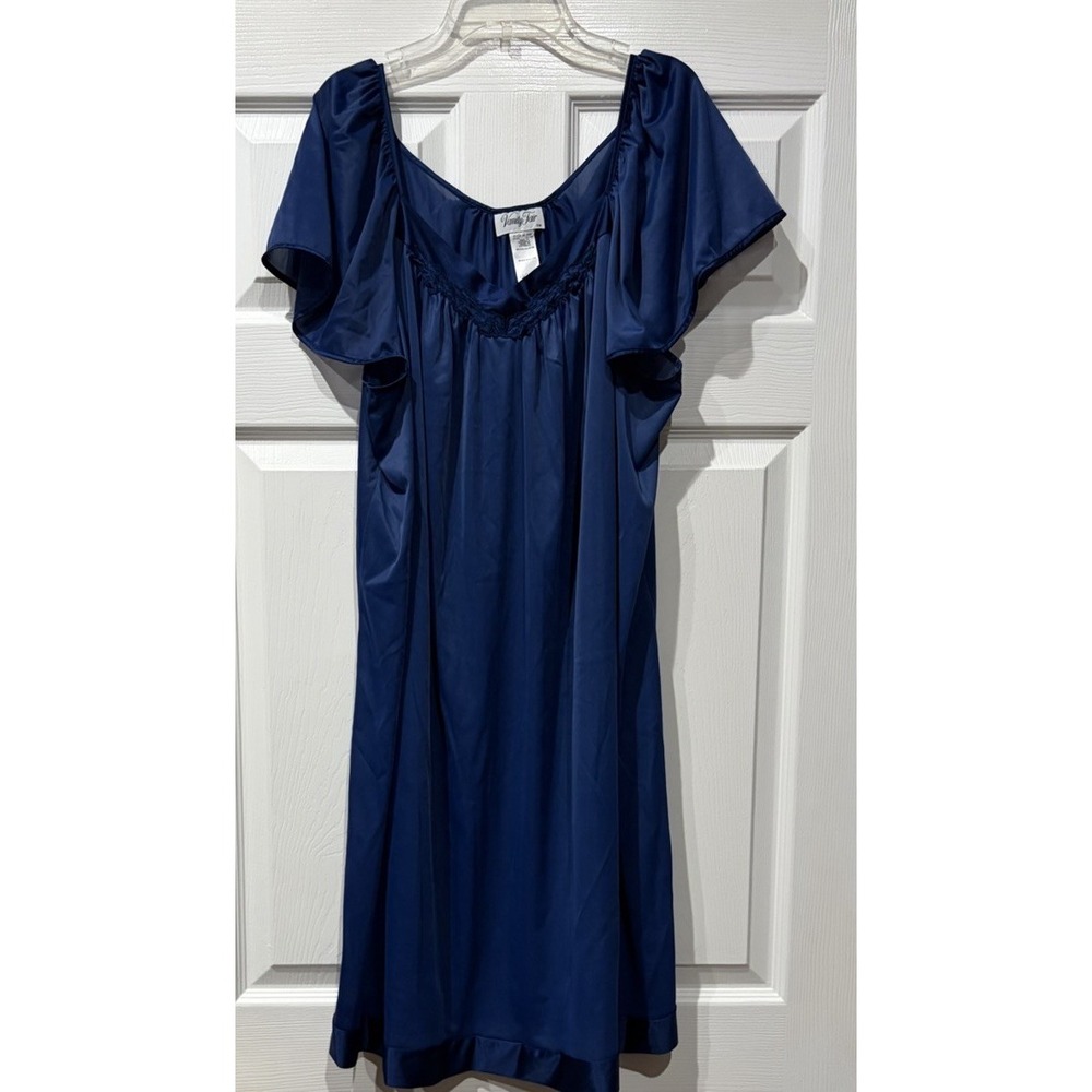 Vanity Fair Nightgown Women 1X Blue Knit Satin Trim Pullover Lingerie Sleepwear